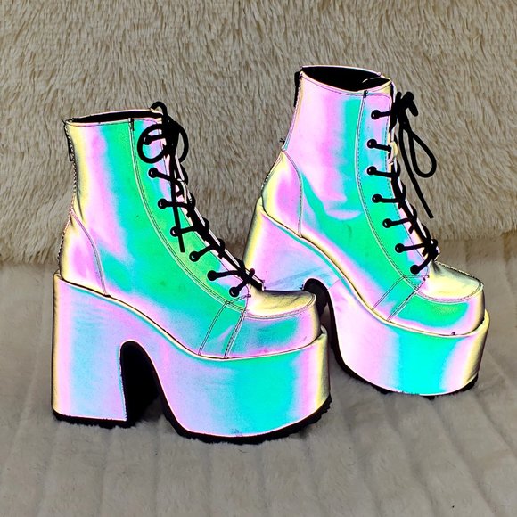 Camel Purple Green Reflective Rave Royalty Festival Platform Ankle Boots - Picture 12 of 15